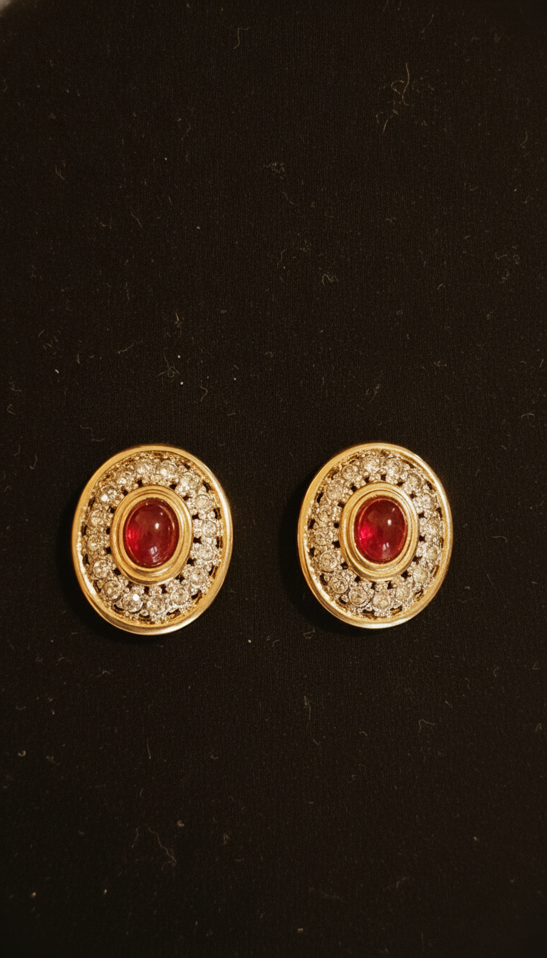 Vintage 1980s Unsigned Gold-Tone Round Clip Earrings | Ruby Red Glass Cabochon & Clear Pavé Rhinestone Halo | Glamour Button Clips view 2