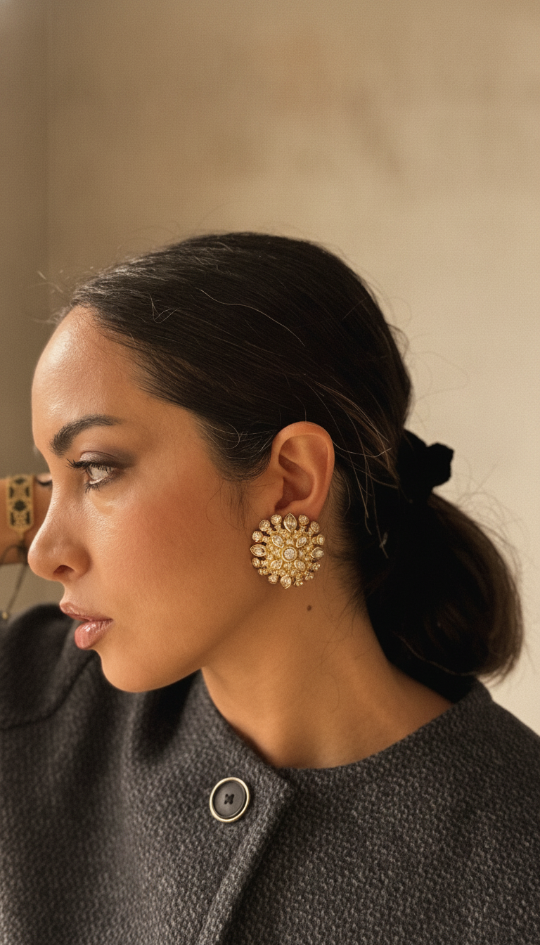 Vintage Christian Dior Signed Gold Tone Pave Crystal Sunburst Cluster Clip-On Earrings | 1970s–80s Runway Couture Statement Jewelry view 2