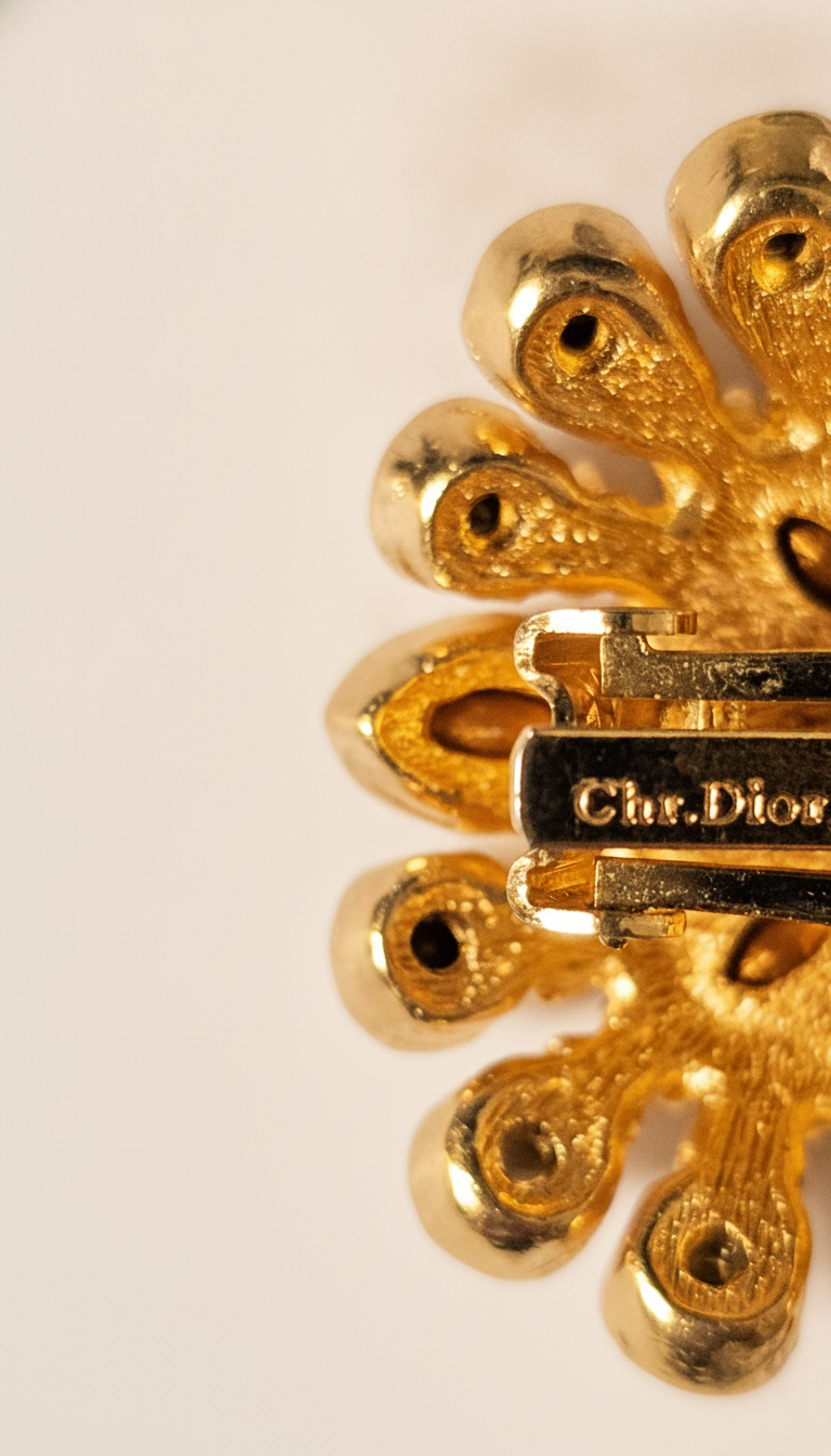 Vintage Christian Dior Signed Gold Tone Pave Crystal Sunburst Cluster Clip-On Earrings | 1970s–80s Runway Couture Statement Jewelry view 4
