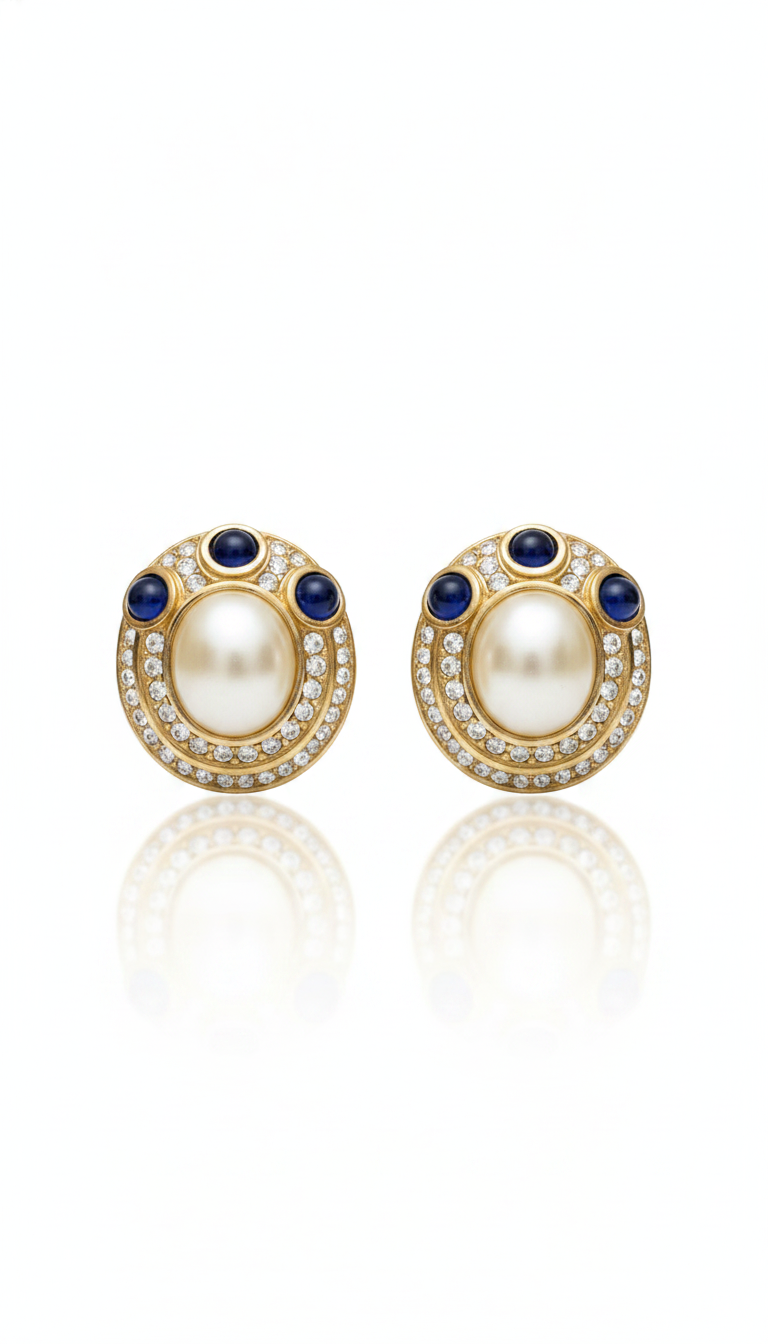 Vintage CINER Signed Gold-Tone Clip Earrings — Faux Mabe Pearl, Sapphire Cabochons & Pavé Crystal Rhinestones, 1980s Hollywood Regency