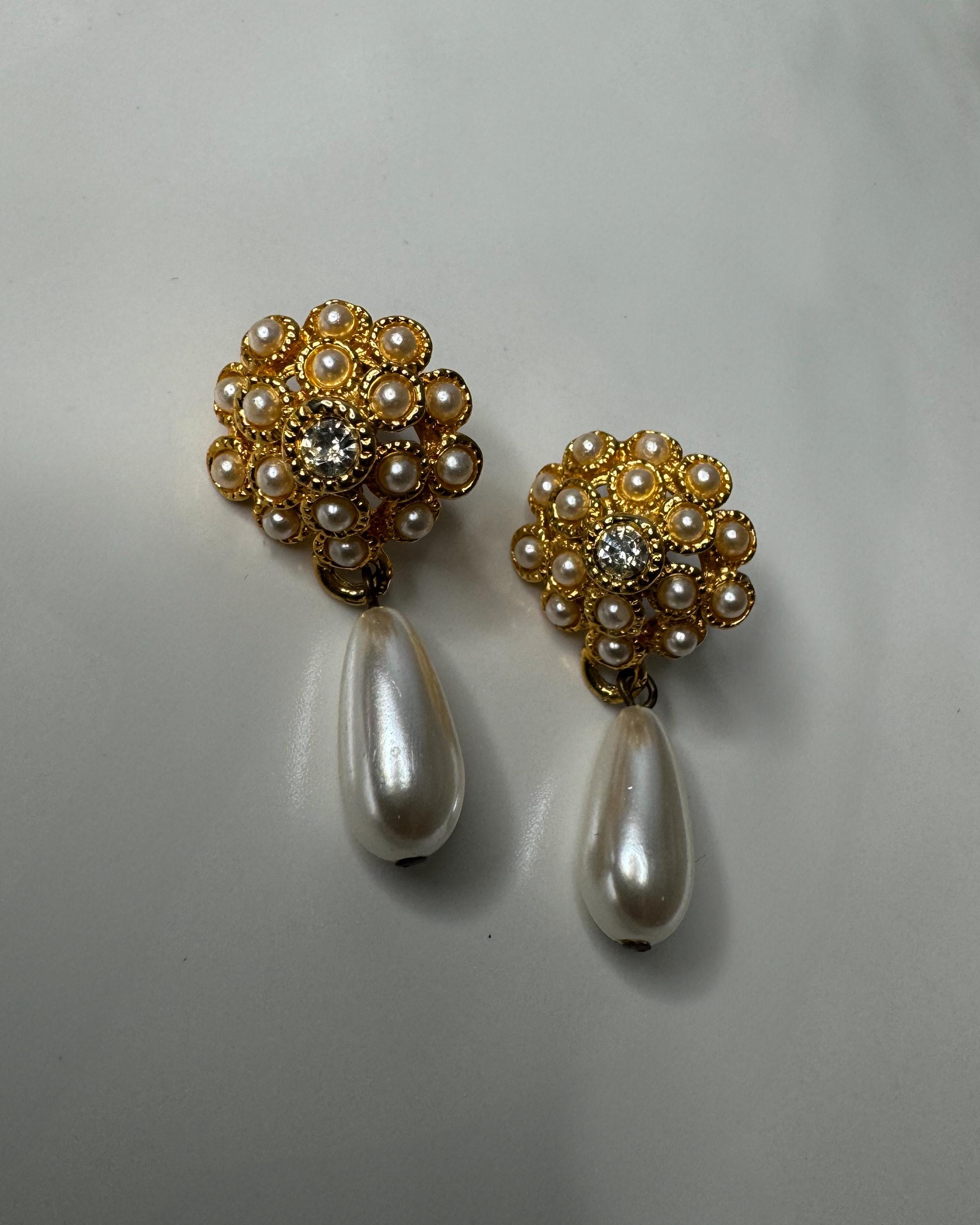 Vintage Faux Pearl and Crystal Dangle Stud Earrings