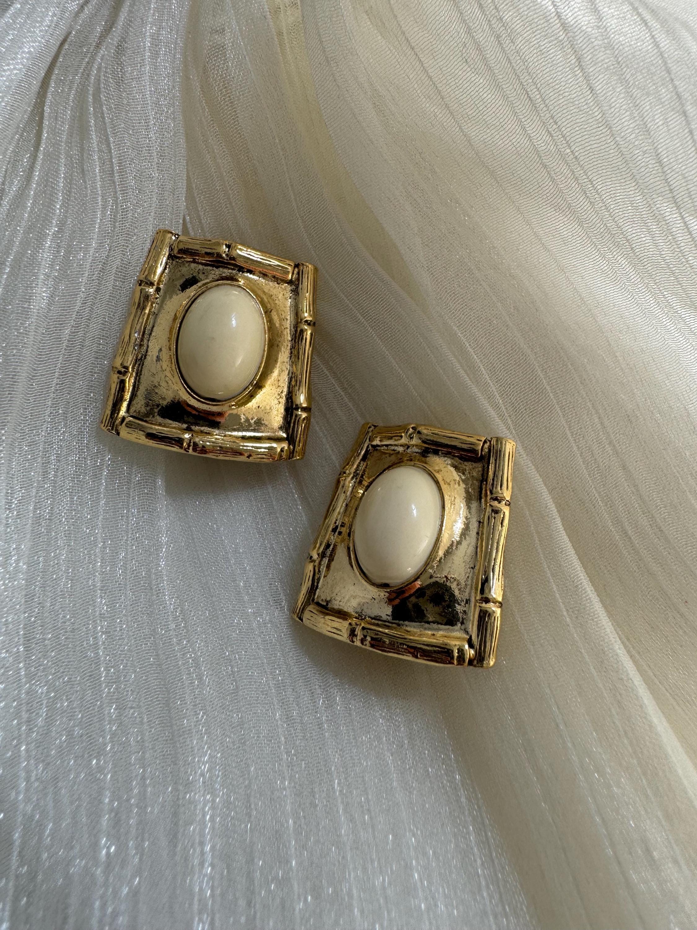 Vintage Gold-Tone and Cream Cabochon Clip-On Earrings