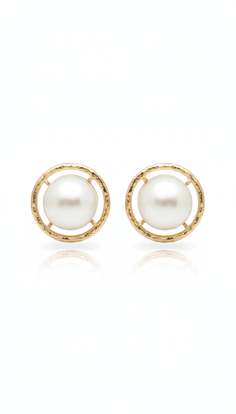 Vintage Les Bernard Signed Faux Pearl Gold-Tone Open Circle Halo Stud Earrings — 1970s–1980s Designer Costume Jewelry
