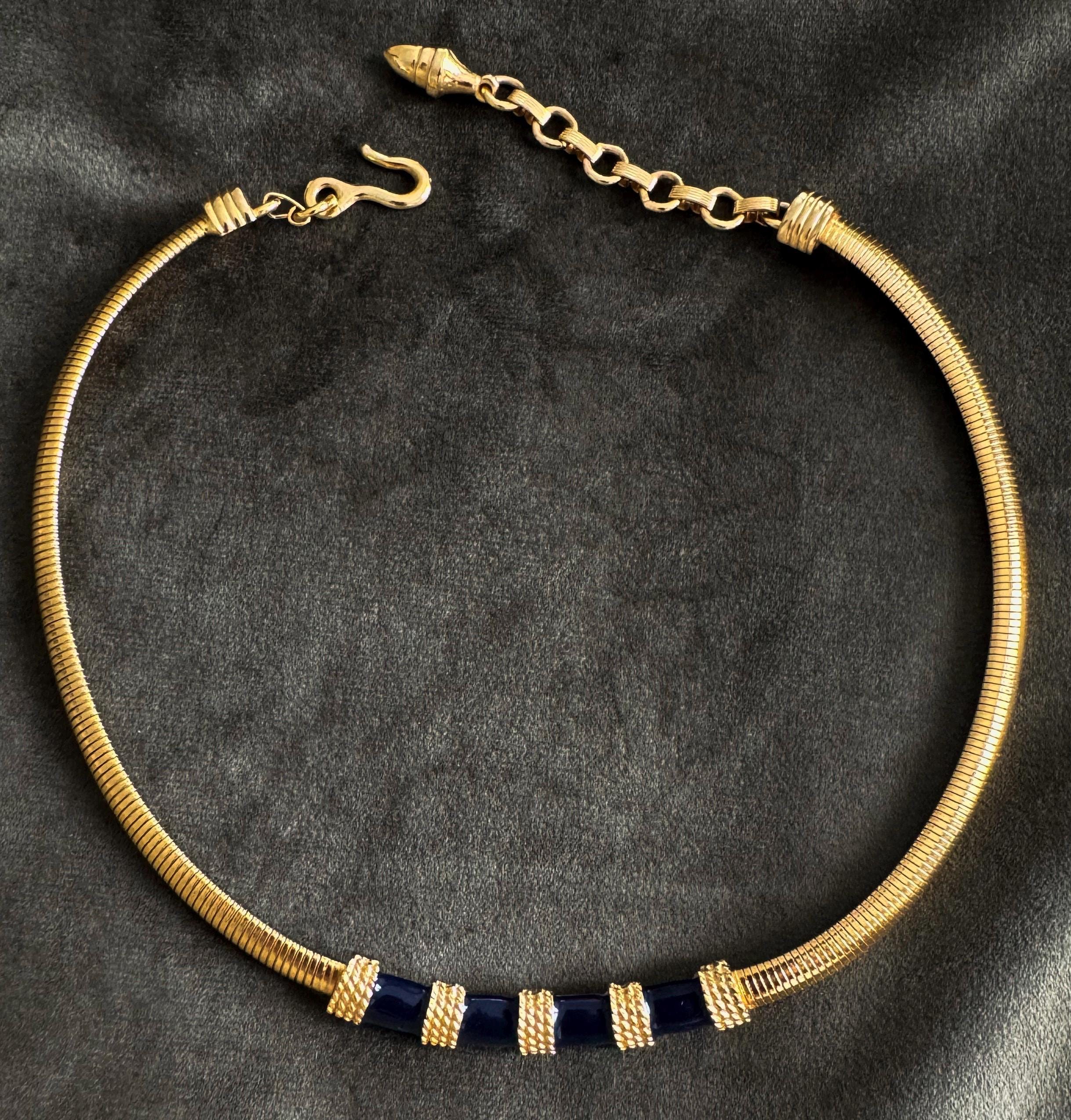 Vintage Navy Blue Enamel Gold-Tone Choker Necklace