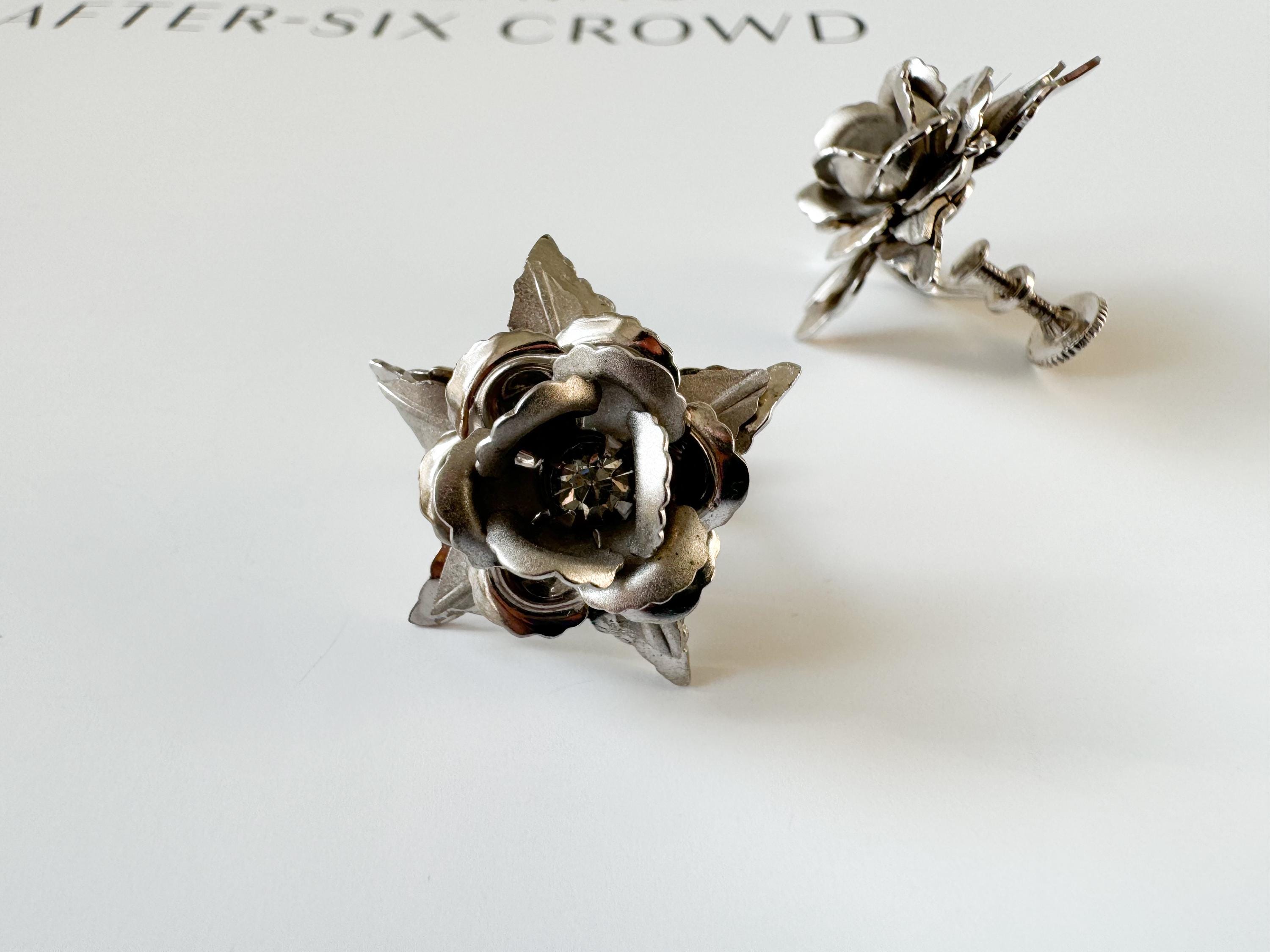 Vintage Prestige Rose Flower Earrings Silver Tone Screw Back