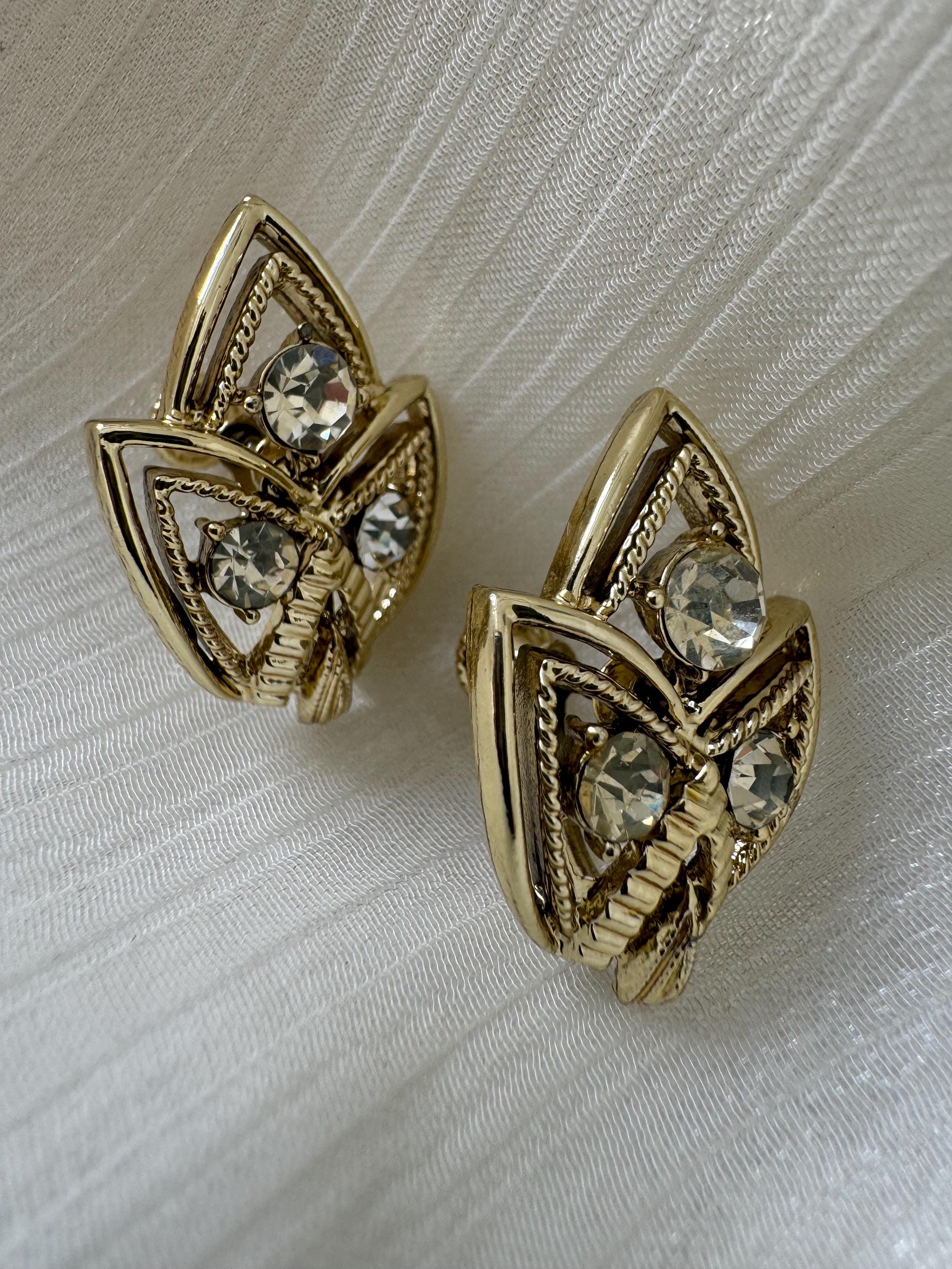 Vintage Signed CORO Sparkling Rhinestone Brass Tone Screw Back Earrings